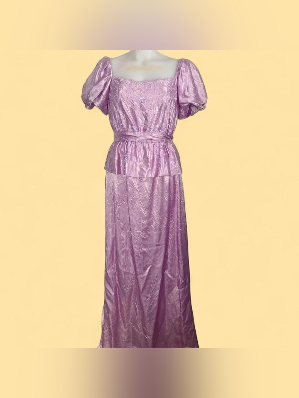 70’s lilac satin princess style maxi dress